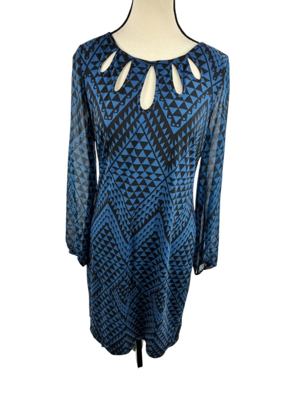 Danny & Nicole Womens Size S Blue Black Geometric Cut Out Neck Long Sleeve
